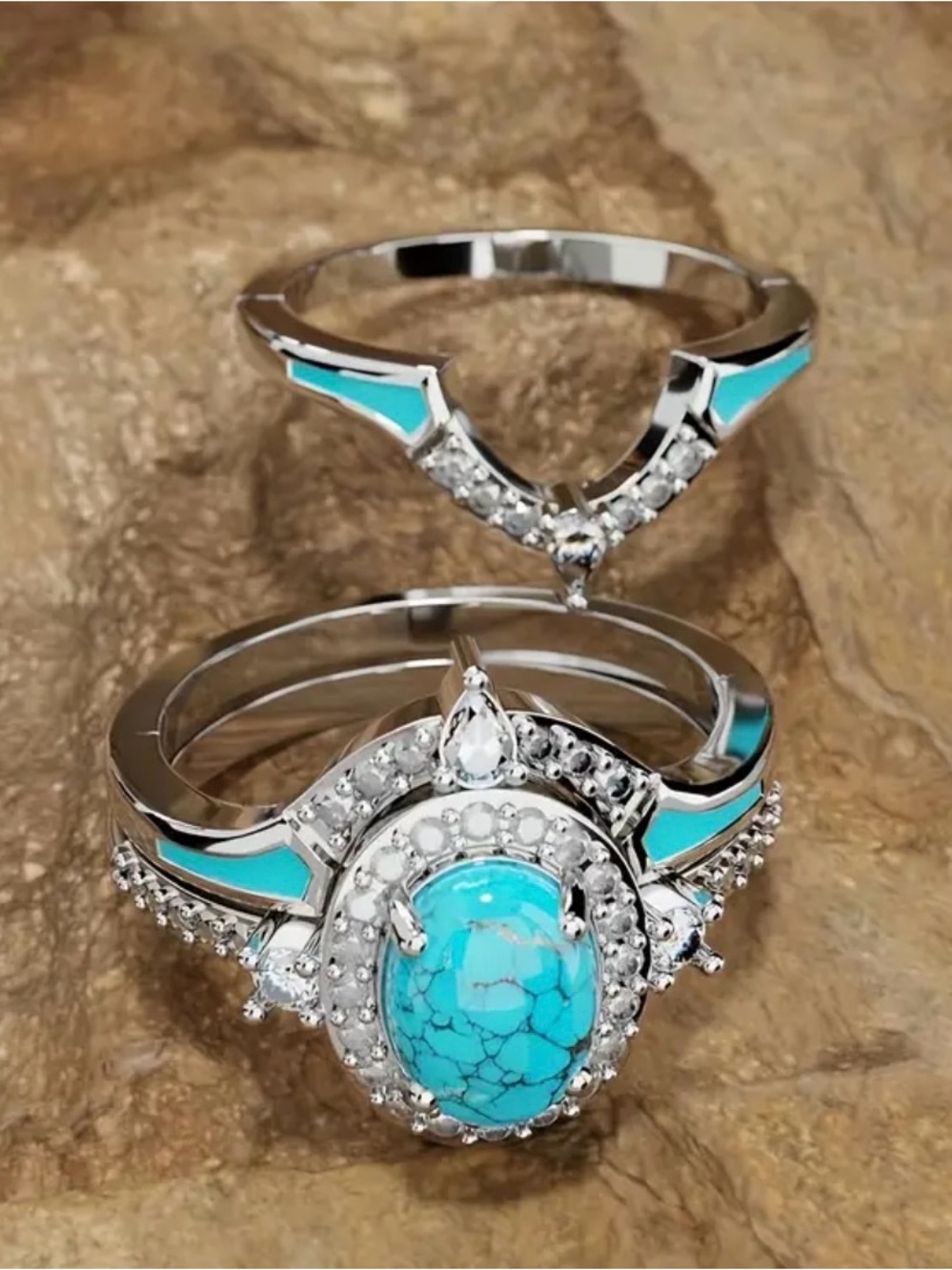 Turquoise Halo Silver Ring Set - Women Jewelry